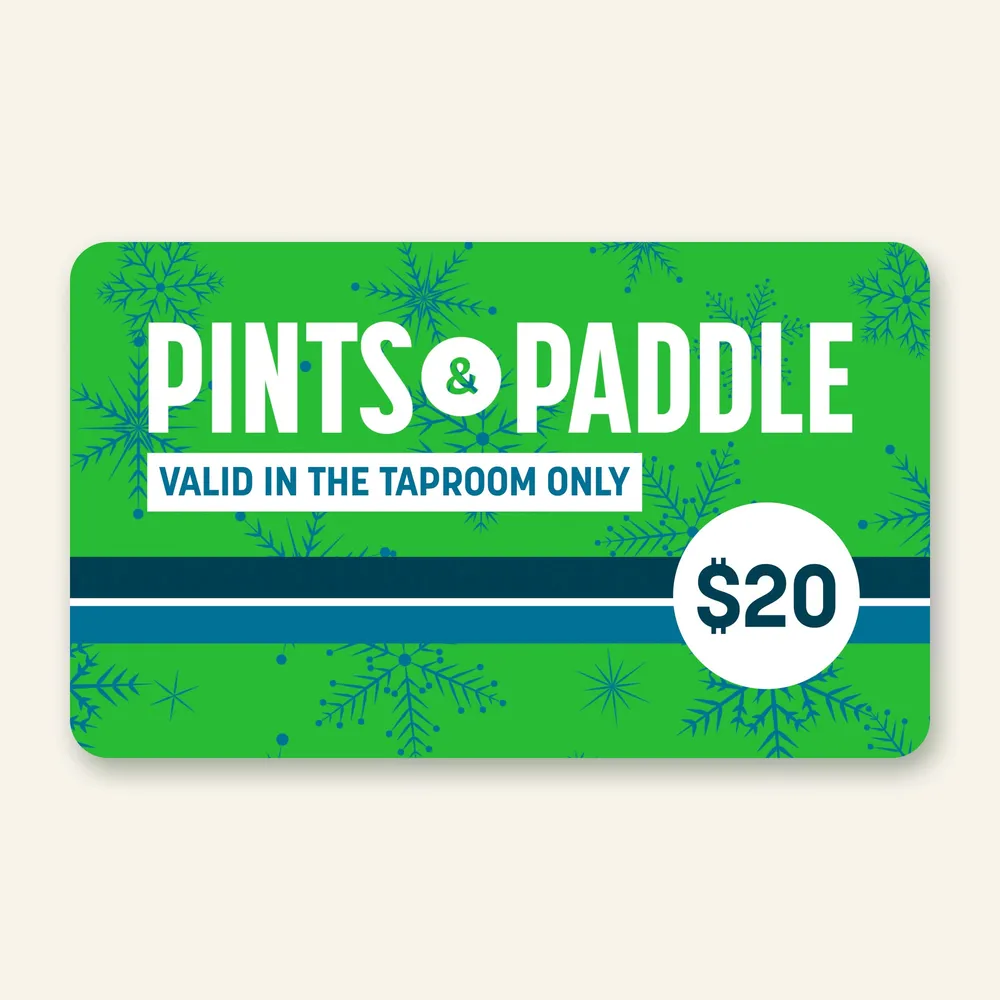 The $20 holiday bonus card, green with snowflakes, marked valid in the taproom only