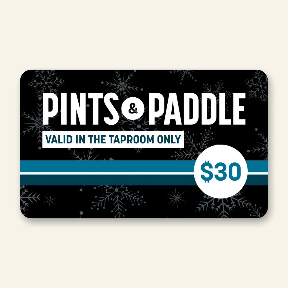 The $30 holiday bonus card, black with snowflakes, marked valid in the taproom only