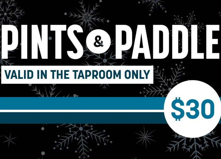 The $30 holiday bonus card, black with snowflakes, marked valid in the taproom only