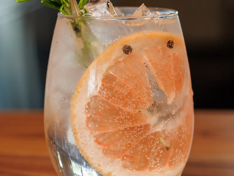 A stemless glass of fizzing tonic over ice with a large grapefruit wheel, a rosemary sprig and juniper berries