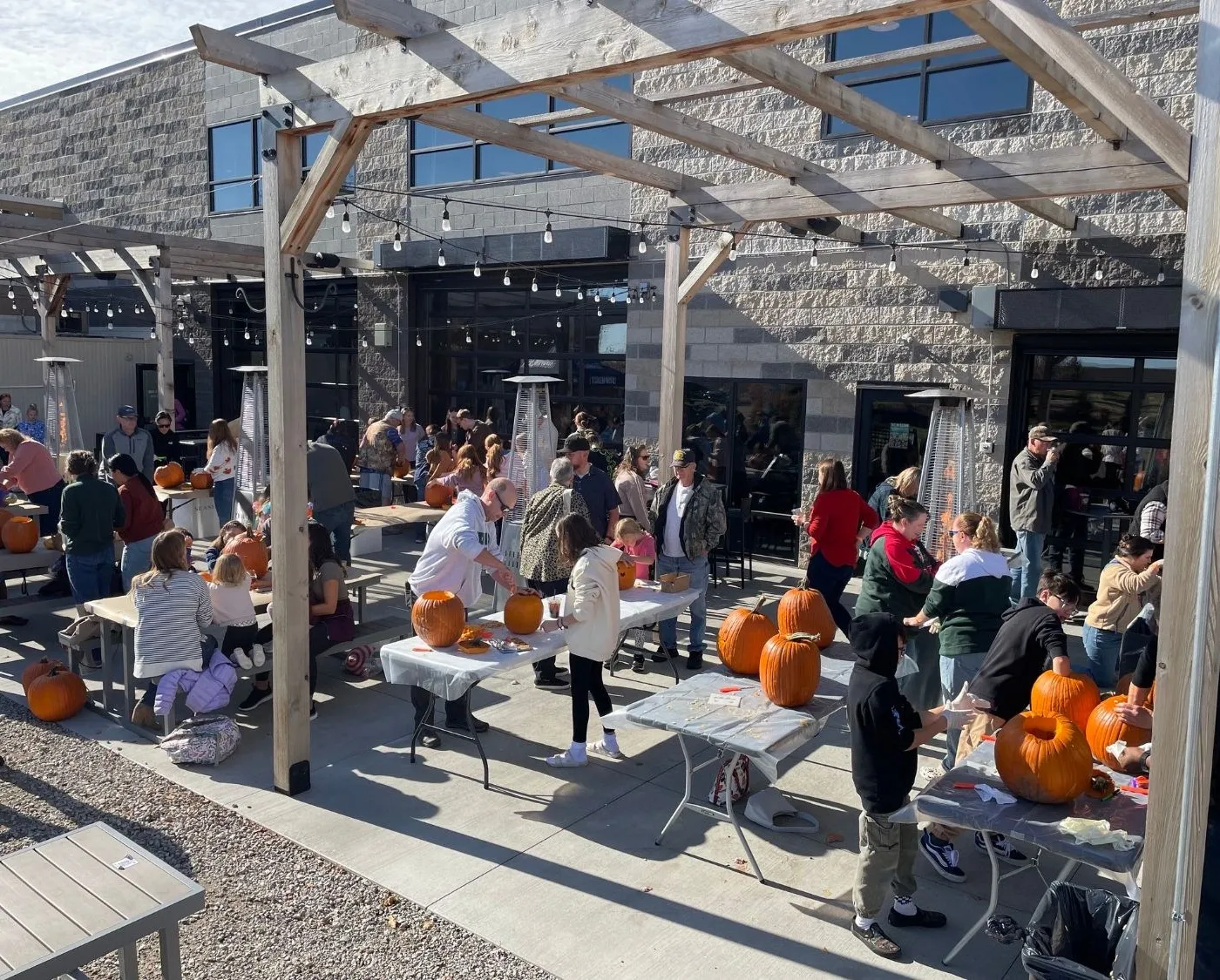 The whole patio full of carvers at long tables under the pergola, pumpkins on every table