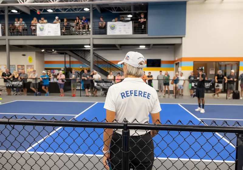 A referee in a white shirt watches a match from behind the court fence